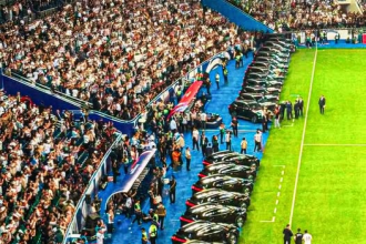AI-generated image depicting cars intended for presentation to the Uzbekistan national team players. Source: Sports Radio Brila FM (Facebook).